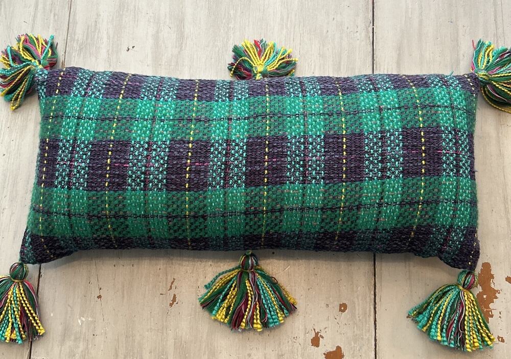 Anthropologie Green Purple Plaid Tassel Lumbar Pillow Valentina? 25”x12